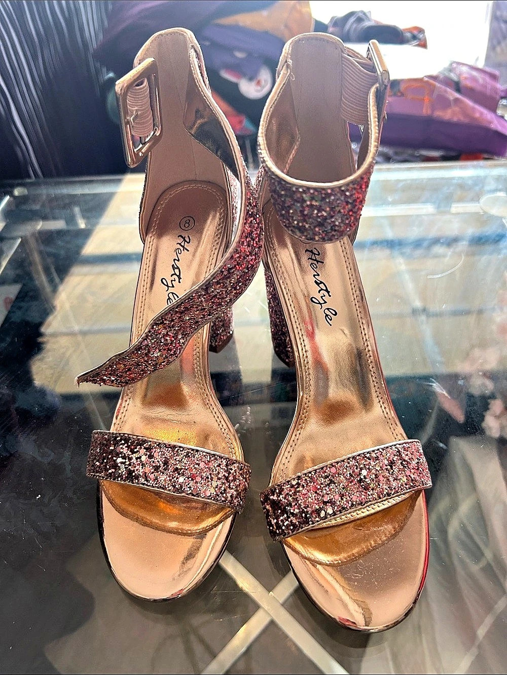Glitter Ankle Strap Heels in Pink & Gold -Rose Gold- US 8